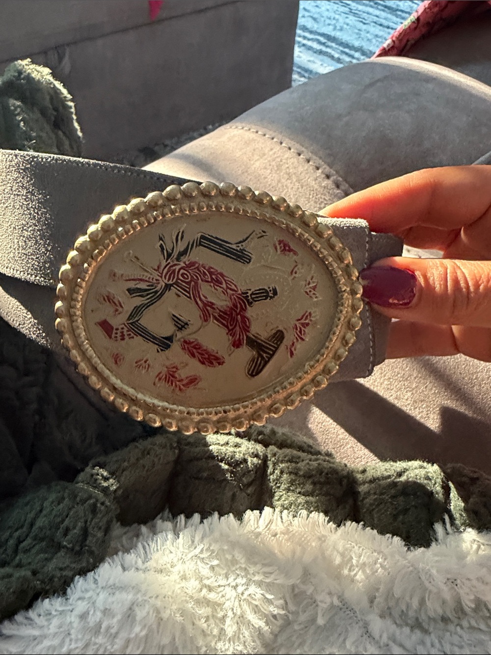 Southwestern-style belt gray suede intricate "End of the Trail" design inlay.